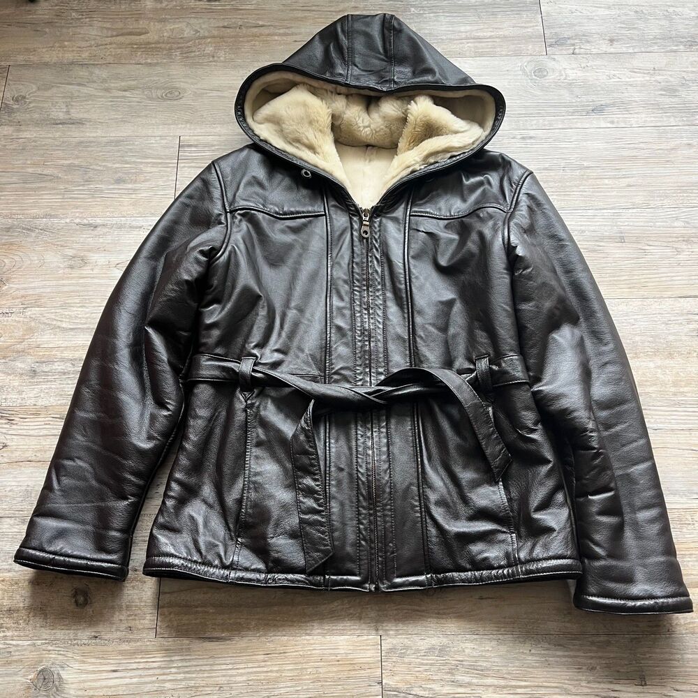 Wilson's Leather Coat Women's Medium Dark Brown Vintage Faux Fur 90s Belt